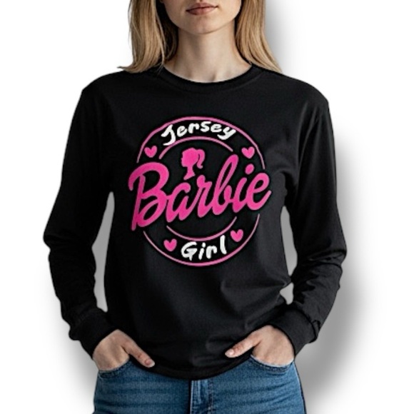 Gildan Tops - Barbie Jersey Girl Long Sleeve T Shirt Crew Neck Top Black Pink Graphic Small
